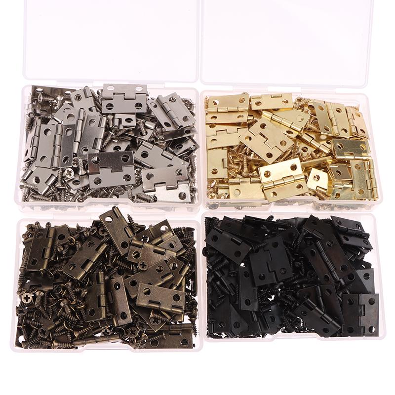 50pcs/box Hinges + 200 Screws Iron Gold Silver Black Bronze 4 Holes Durable Furniture Hardware Mini Hinge Decor