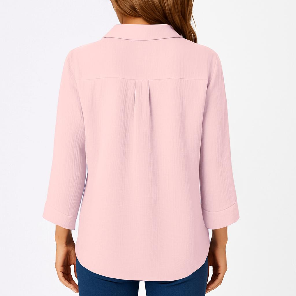 Womens Button Down Shirts 3/4 Sleeve Casual Collared Shirt Loose Blouses Solid Color Tops With Pocket