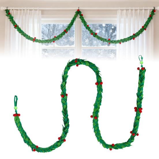 Guirlanda de Azevinho de Natal de Feltro de 6 pés Guirlanda de Folhas de Visco Feita à Mão com Bagas Vermelhas para Decoração de Casa, Casamento, Festa, Lareira
