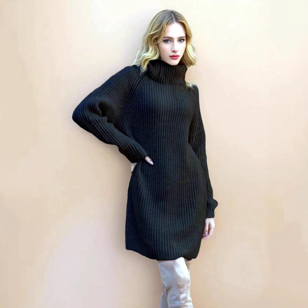 Cross-border Winter 2025 New Turtleneck Knitted Straight Long Dress Women's Lazy Wind Knitted Dress