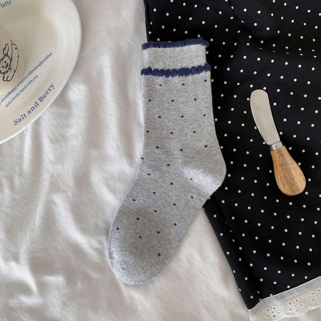 Vintage Button-Down Socks Simple Navy Blue Jewelry Socks Polka Dot Bow Korean Puppy Mid-Tube Cotton Socks