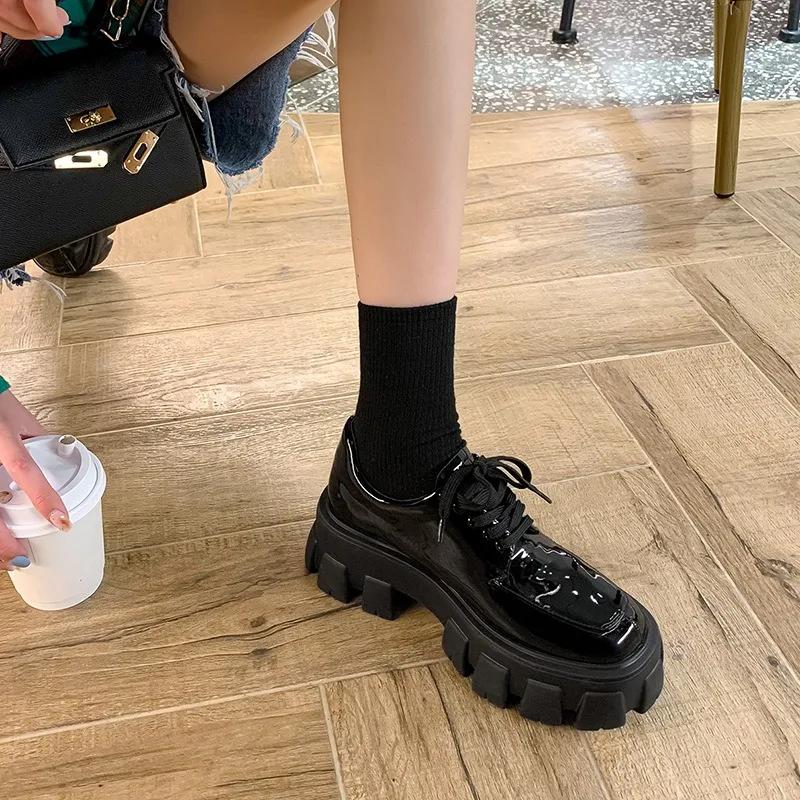 Fashion Women‘s British Style Leather Single Shoes Spring Autumn 2024 Loafer Shoes Retro Heightened Thick Bottom Platform Lace-up Shoes