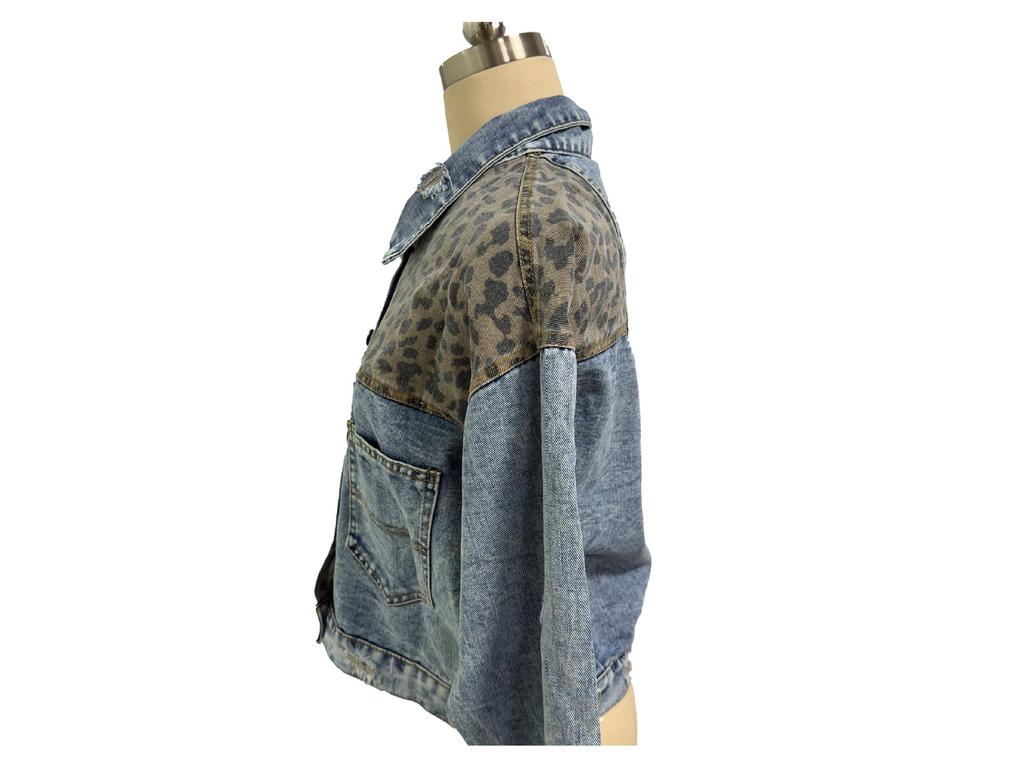 TEMU Damen Distressed Jeansjacke mit Leopardenmuster, Langarm, zerrissene Oberbekleidung.
