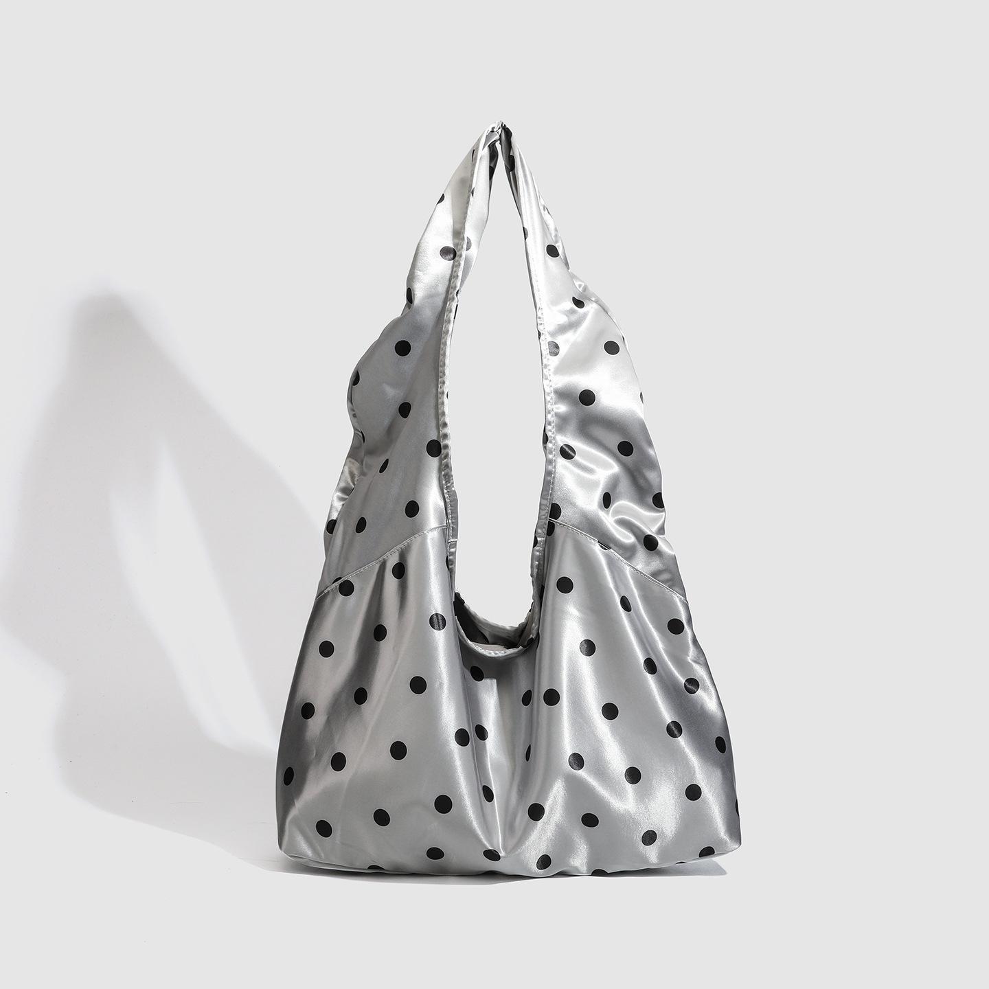 

New Silver Polka Dot Satin Oval Underarm Bag Lightweight and Versatile Commuting Large Capacity Shoulder Bag Tote Bag