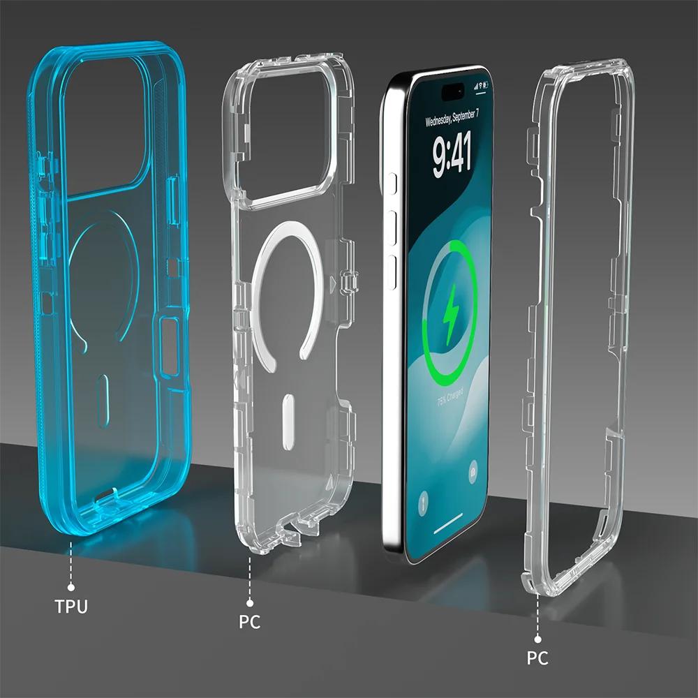 Heavy 3IN1 Mechanical OTT-Box Magnetic Charge Case For IPhone 17 Pro Max Air 16 15 14 13 12 Plus Enhanced Anti-Drop Bumper Cover