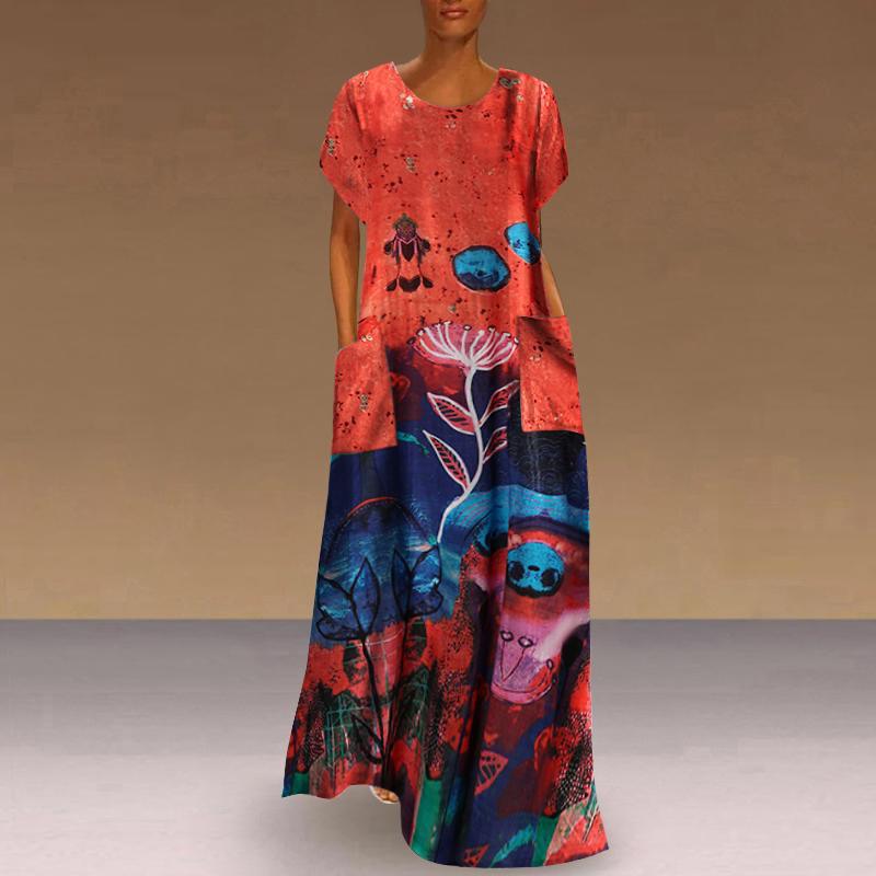 Frauen Frühling Sommer Nationalen Stil Böhmischen Langes Kleid Gerade Oansatz Kurzarm Lose Taille Druck Tasche S-5XL