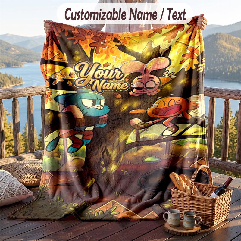 Amazing World of Gumball Flannel Blanket, Personalized Custom Name Text, Soft Warm Plush Throw Blanket For Gift