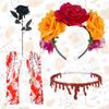 4-Piece Set Halloween Party Costume Rose Flower Headband Novelty Horror Necklace Gloves  for Women