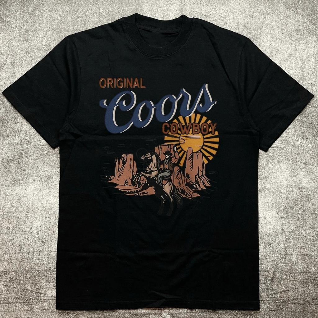 Men's Black 200G Cotton Heat Transfer Printed Crew Neck Short Sleeve T-Shirt - Original Cowboy Style Pattern