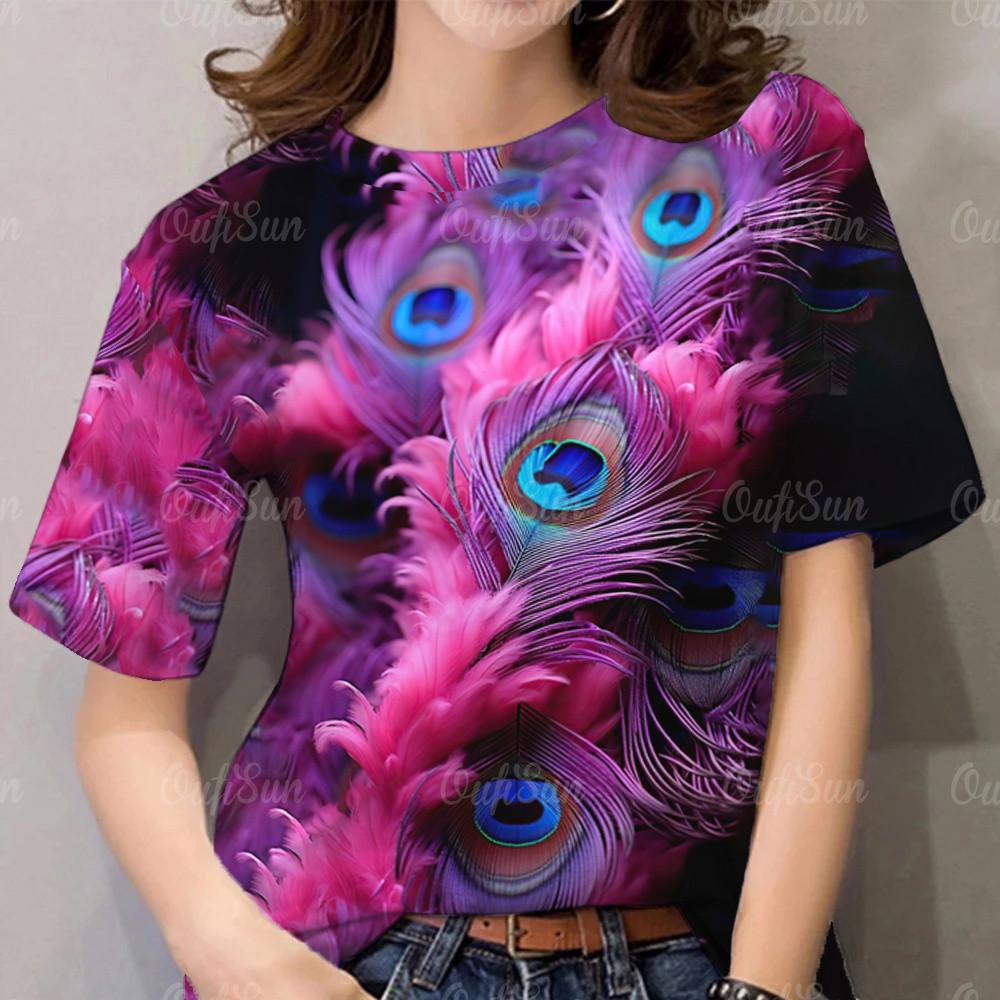 

3D Peacock Feather Printed Women s T-shirt Fashion Short Sleeve T-shirt Round Neck Casual Top Women s Sportswear XS