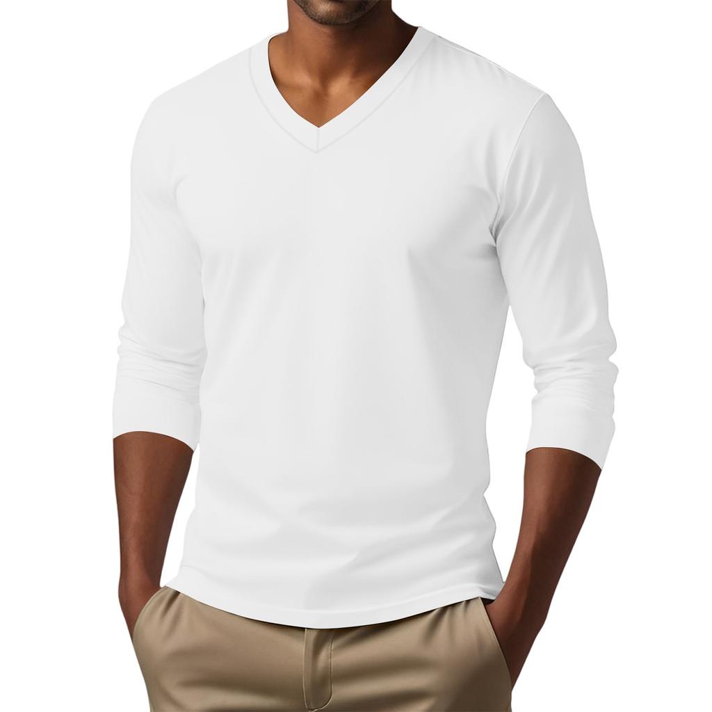 Men's V-neck Casual Solid Color Long-sleeved T-shirt Top