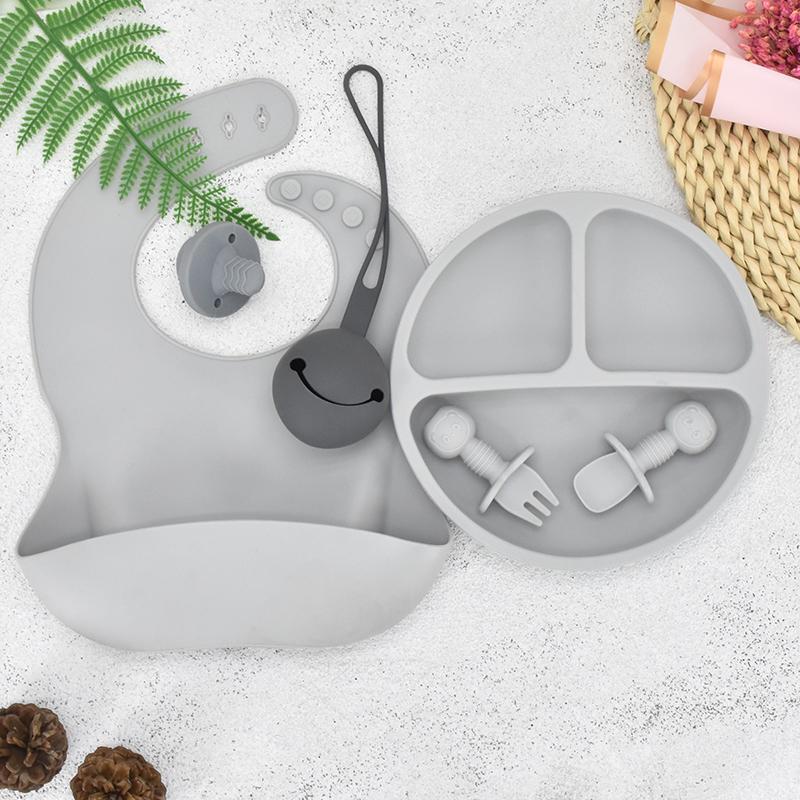 

6 шт./комплект Дитяча силіконова миска для годування Посуд Водонепроникний нагрудник Нековзка пластина Силіконова тарілка без бісфенолу А для навчання дитини Посуд