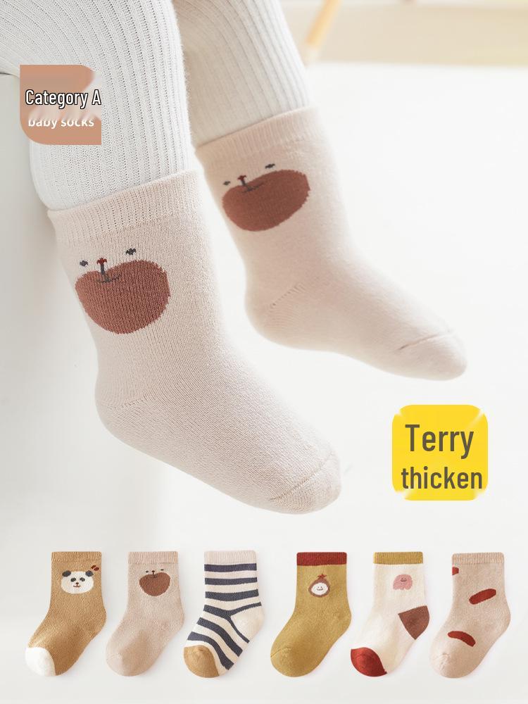 Combed Cotton Seamless Mid-Calf Socks with Fleece and Terry Cloth for Infants & Toddlers