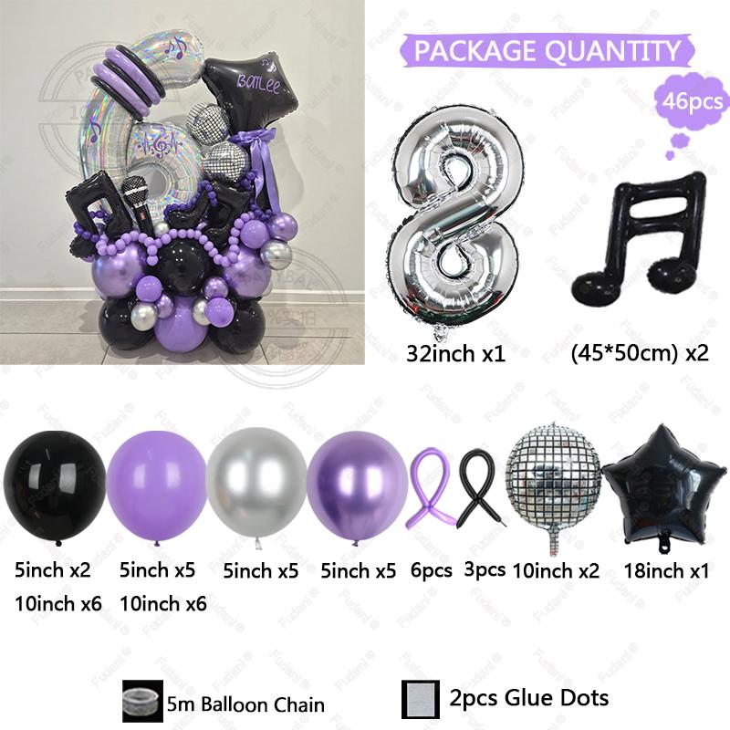 46Pcs Black Purple Music Note Theme Digital Balloon Girl Birthday Party Balloon Set Baby Shower Globos Photography Props