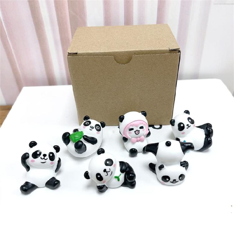 6 Pack Cartoon Panda Figurines Small Animal Models Miniatures Ornaments for Cake Toppers and Car Decors Accessories