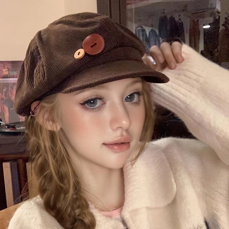 Vintage Octagonal Hat Japanese Style Brown Beret with Button Flannel Face Painting Cap