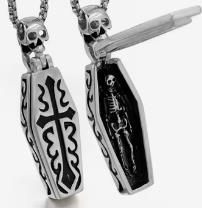 Punk Stainless Steel Skull Chain Pendant Necklace Vintage Hip Hop Statement Necklaces for Men Male Boho Jewelry with wooden box