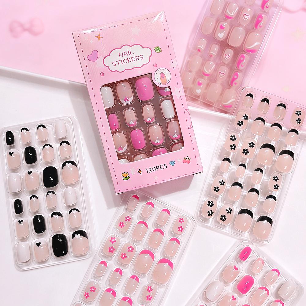 120Pcs Kids French Tip Press On Nails Short Round Pink Black Heart Flower Design Reusable False Nail Tips