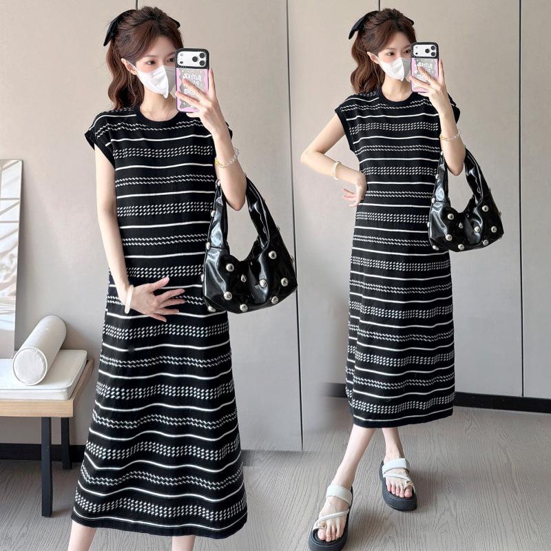 New Summer Ice Silk Maternity Dress with Short Sleeve Polo Collar and Slimming Color Block Stripes