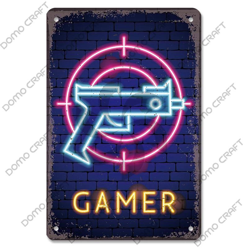 Poster Neon pentru jocuri video Placă metalică Gamer Play Win Game Zone Semne de tablă din metal Decor de perete retro Sala de jocuri Bar Pub Peștera omului