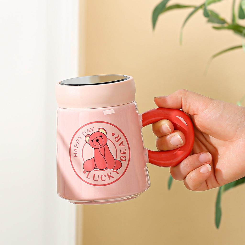 Roztomilý kreslený keramický šálek Růžový medvěd Zrcadlový šálek Hrnek pro pár Domů Víčko šálek na vodu Reklama Dárkový šálek
