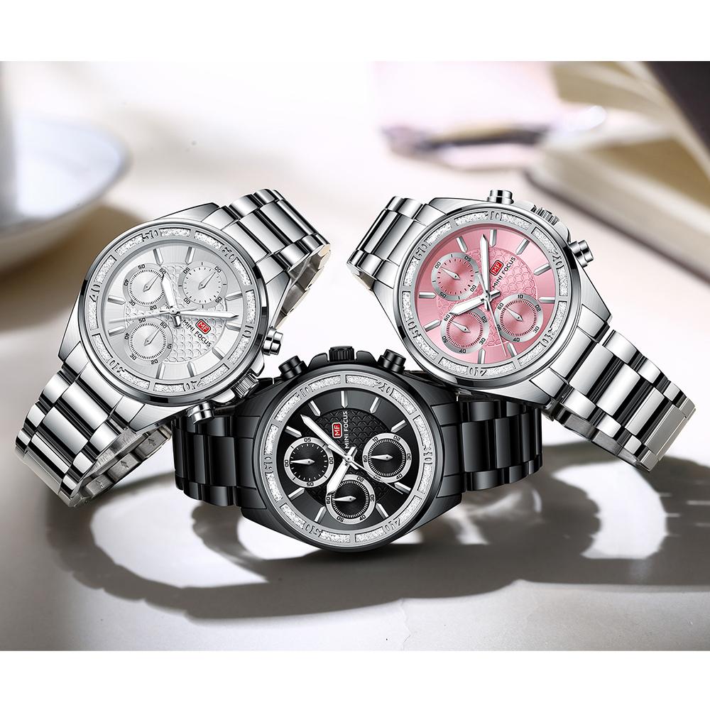 Elegant Ladies Watches Chronograph Dials Fashion Business Quartz Watch for Women Stainless Steel Band