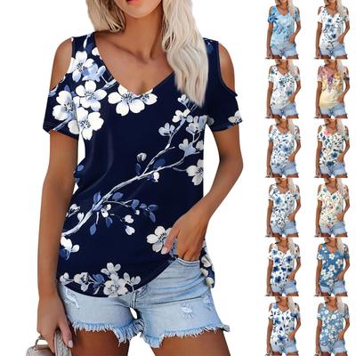 Damen Sommer Mode Lässig Geblümter Druck Schulterfrei V-Ausschnitt Kurzarm T-Shirt Top