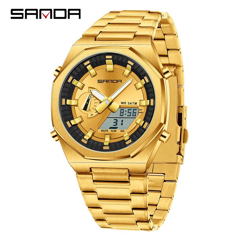 Sanda Men's Multifunctional Dual Display Watch with Countdown, Alarm, Daylight Saving, and Waterproof Features
