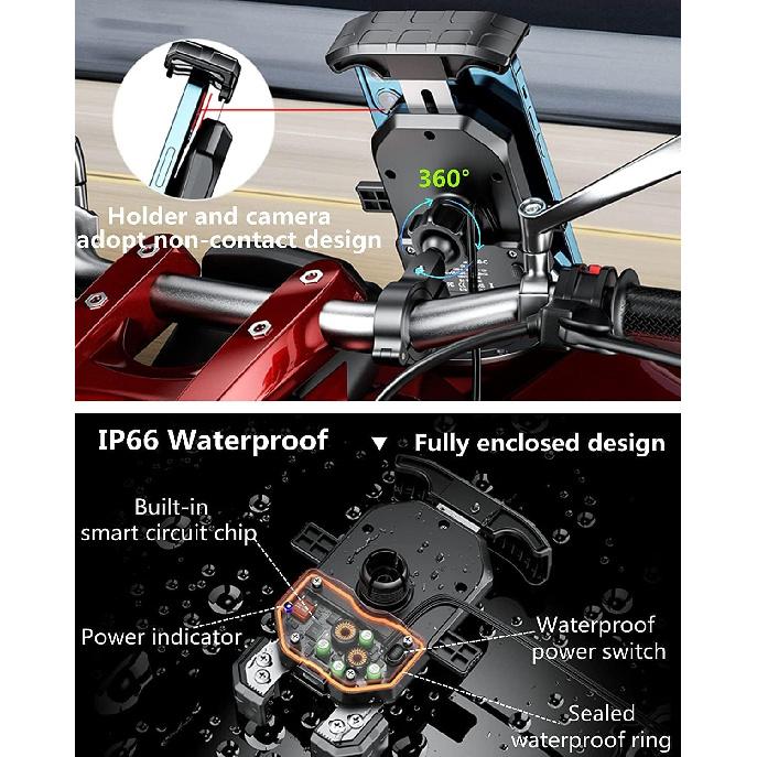 KEWIG Motorcycle Phone Mount Qi 15W Wireless & USB C 20W Fast Chargeing Port, Automatically Lock & Quick Release Handlebar Cell Phone Holder For