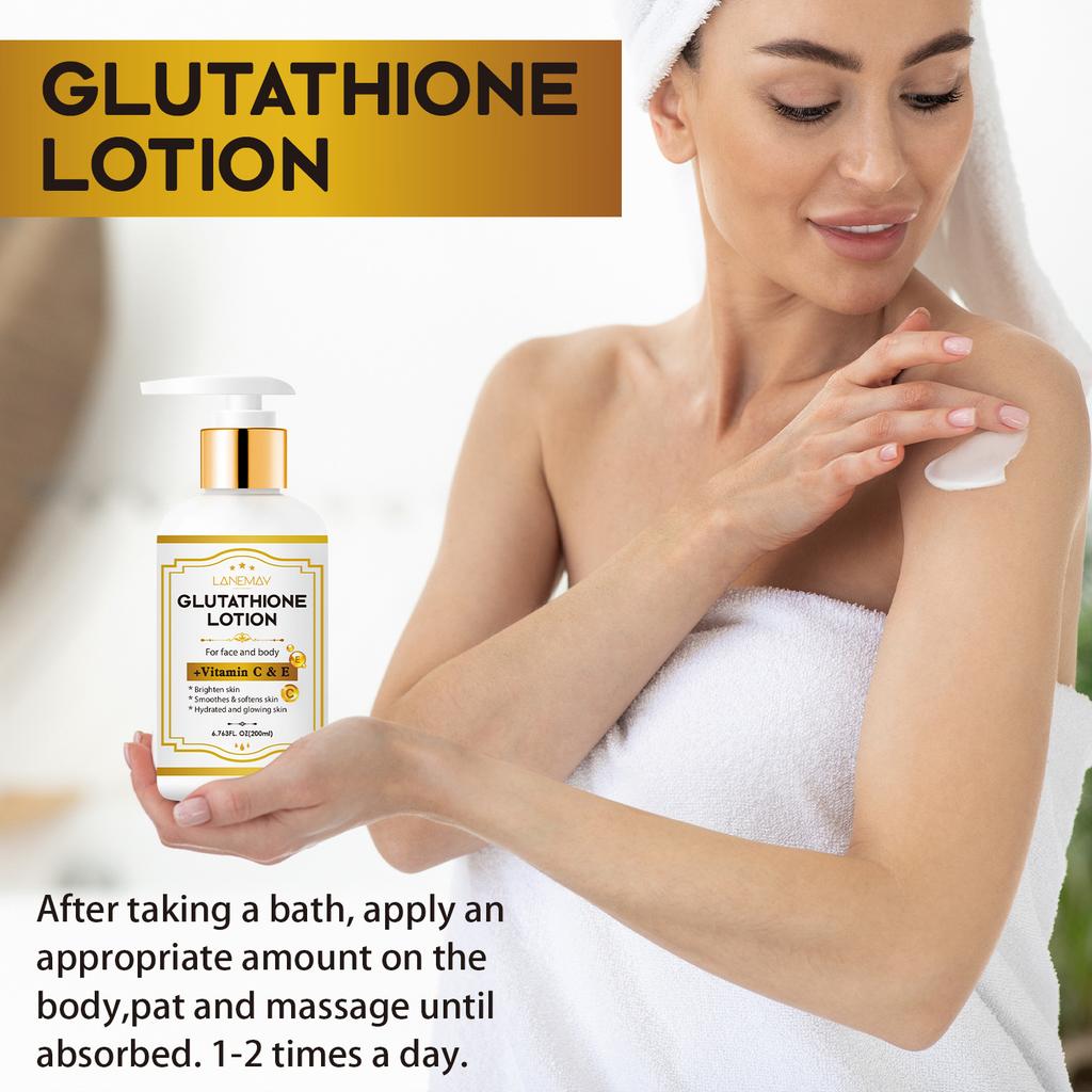 LANEMAY Lotion s glutathionem s vitamíny C a E - Rozjasňující a hydratační péče o obličej a tělo, Vhodná pro suchou, hrubou a popraskanou pokožku