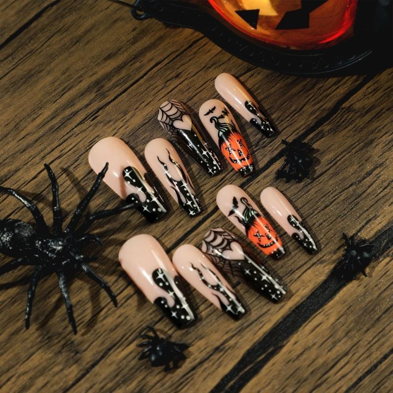 1 Sheet Coffin Press on Nails French Fake Nails Tips Full Cover Acrylic Nails Glossy Horrible Halloween False Nails