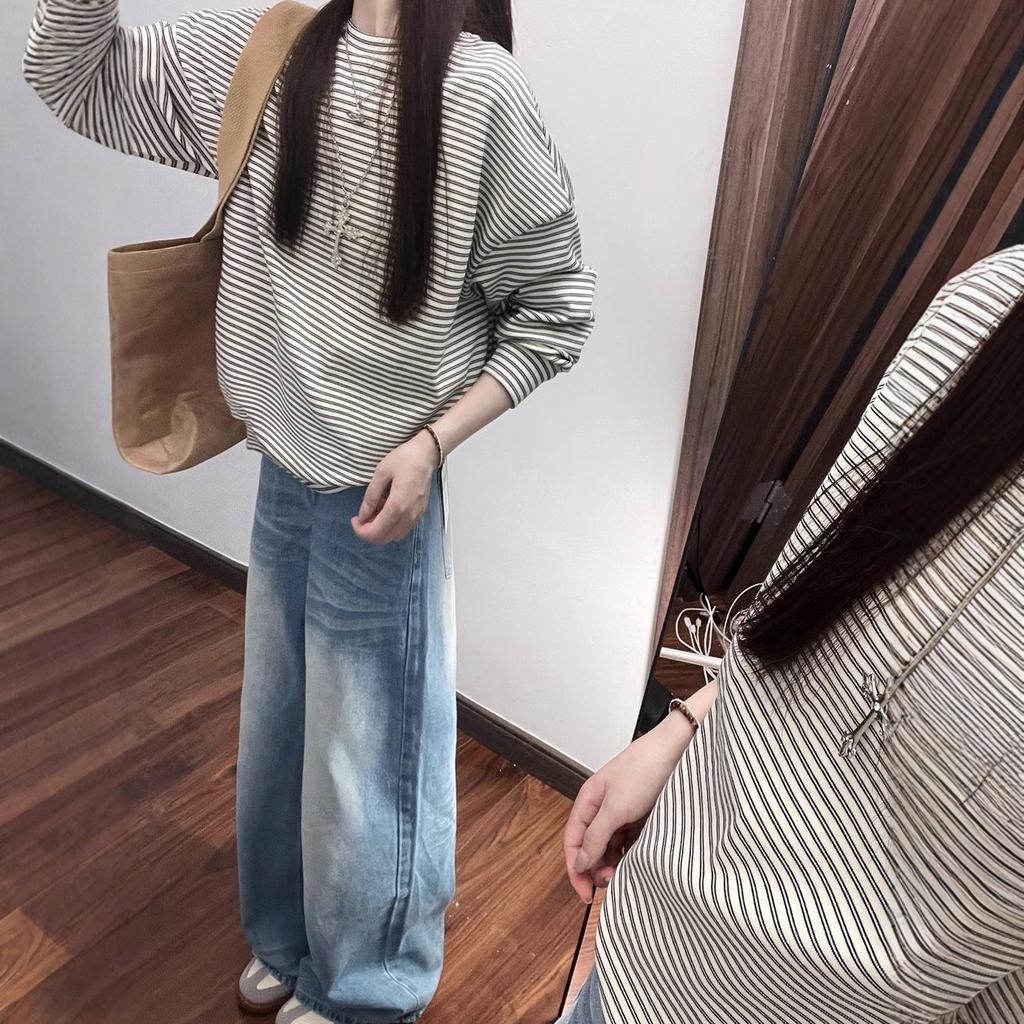 American Vintage Striped Color-block Long-sleeve T-shirt for Women, Loose Loose Lazy Style for Early Autumn, Casual Versatile Top, Base Shirt Trendy