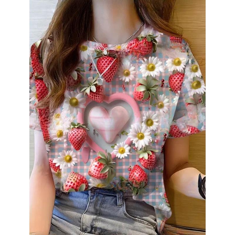 

Summer Hot Sale Creative Trendy Personalized Strawberry Series 3D Print Short Sleeve Casual round Neck T-Shirt Women s Fashion S