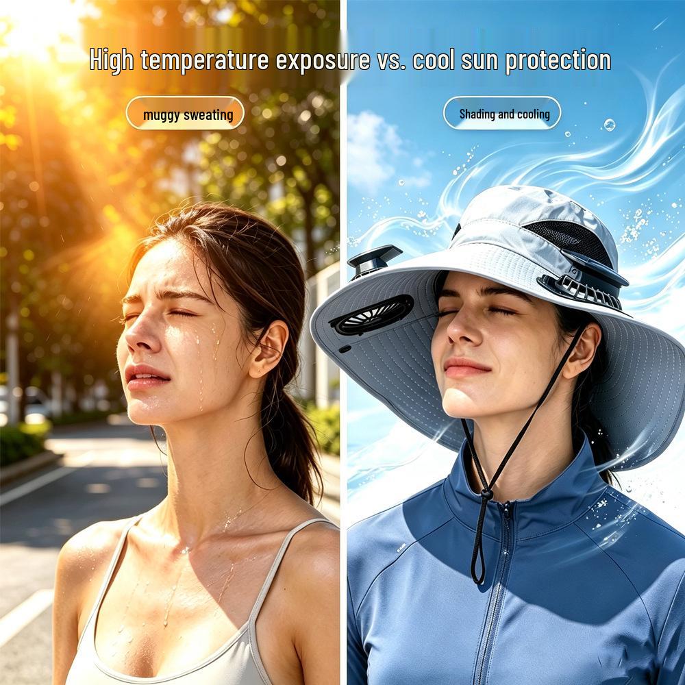 Solar-Powered Wide-Brim Hat with Fan & Face Shield for Outdoor Cycling, Fishing & Sun Protection