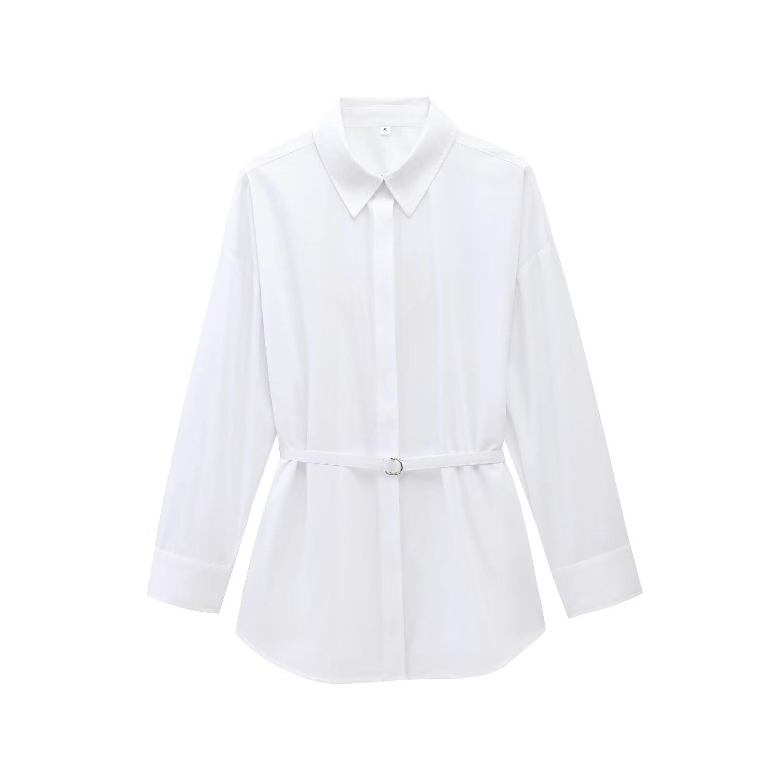 

Весна 2025 Женская европейско-американская поплиновая рубашка с поясом, простой модный стиль S белый