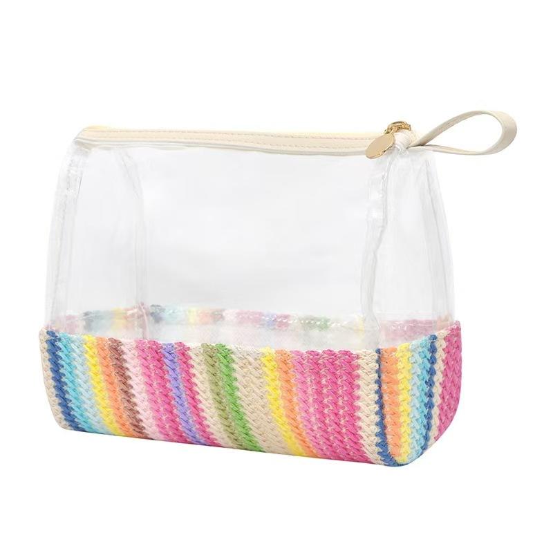 2025 New Arrival clear Portable Cosmetic Pvc Zipper Bag with Straw Decoration Big Size Transparency Travel Makeup Bag L