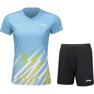 Schnelltrocknendes V-Ausschnitt Kurzarm Atmungsaktives Lässiges Badminton-Outfit Damen Sportbekleidung Blau Schwarz AATU032-3
