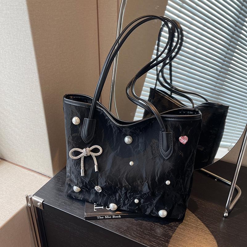 Pu Leather Large Capacity Women's Handbags Sweet Bow Pearl Decorati Ladies Shoulder Bag Portable Solid Color Female Tote Bag