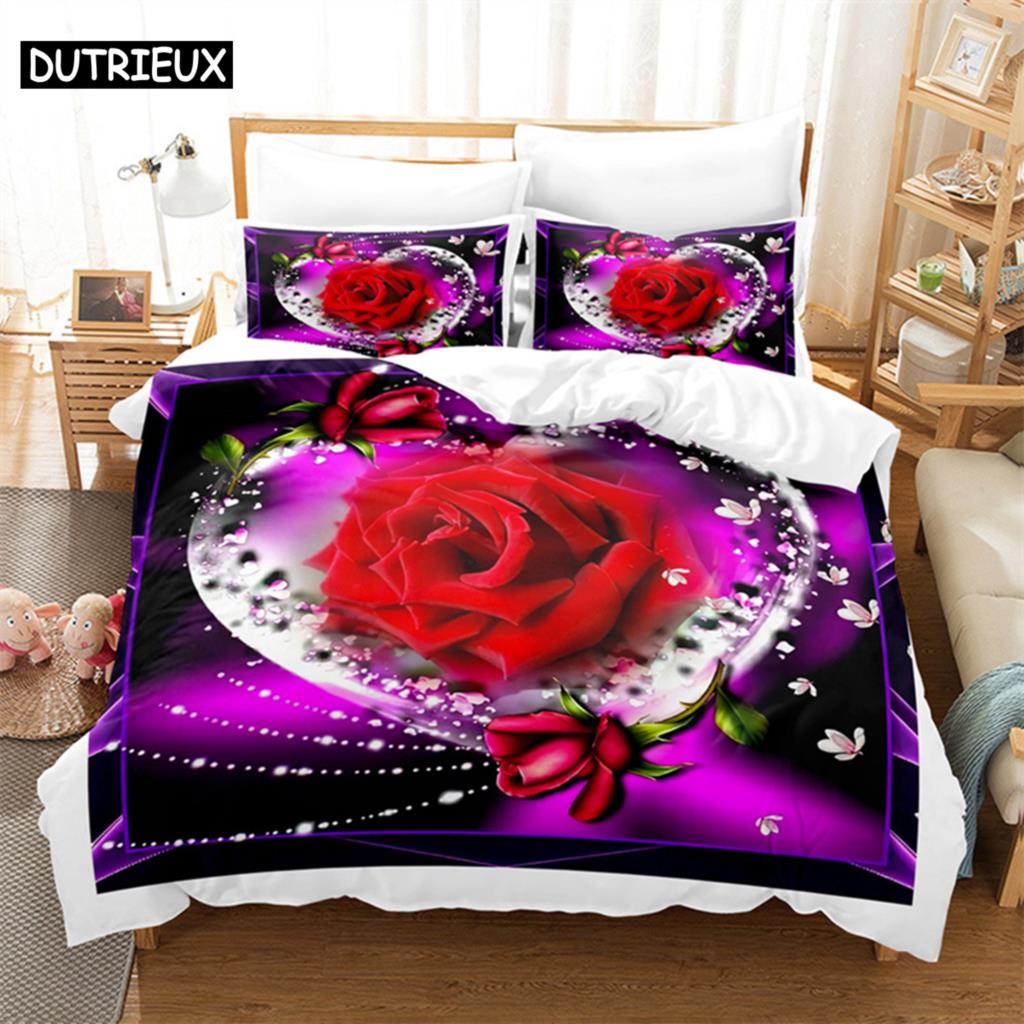 3D potisk červené růže - 3dílná sada povlaku na přikrývku, k dispozici ve velikostech King, Queen, Full, Single & Double