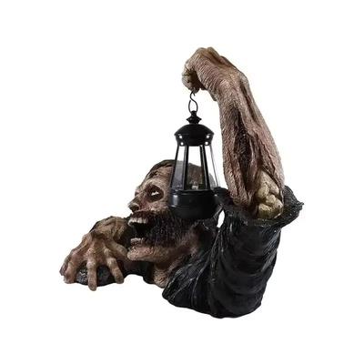 Halloween Zombie Kriechende Horror Deko, Gruselige LED Lichter, Zombie mit Laterne, Außenfigur Licht, Harz, Halloween Deko