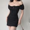 Women's Black Retro Lace Puff Sleeve Dress - Square Collar, Short Skirt