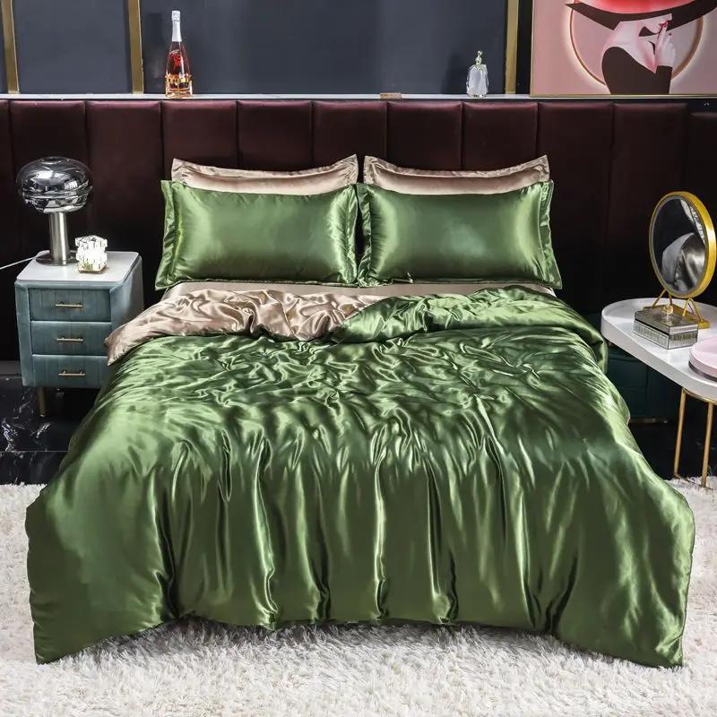 Nordic Satin Silk Bedding Set with Duvet Cover Bed Sheet Pillowcases Luxury Solid Single Double Couple Pillow Case Bedsheet