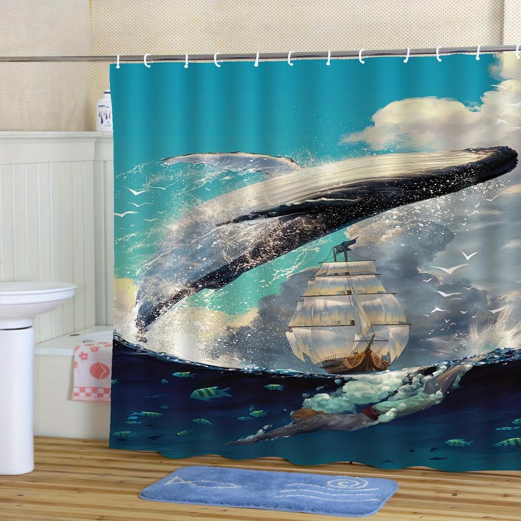 Modern Whale & Sailing Ship Print Shower Curtain - Polyester, Artistic Bathroom Decor, Machine Washable, Privacy Protection