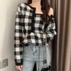 Korean Fashion Knit Long Sleeve Gingham Korean Short [KOREARU] Women's Sweater, Check, Camisole/Cardigan Set, Flattering, Stylish, Cute, Clothing,