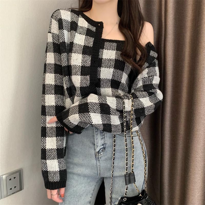 Korean Fashion Knit Long Sleeve Gingham Korean Short [KOREARU] Women's Sweater, Check, Camisole/Cardigan Set, Flattering, Stylish, Cute, Clothing,