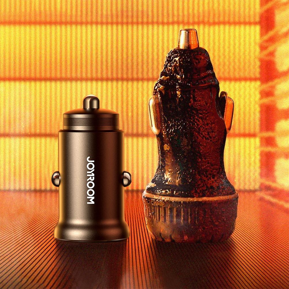 Joyroom JR-CCN06 30W Dual USB-C Car Charger – Elegant Black Metal, Space-Saving Design