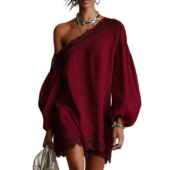 Women Off One Shoulder Loose Mini Dress, Batwing Long Sleeve Lace Trim Club Party Cocktail Dress, Summer Vacation Wedding Guest Dress