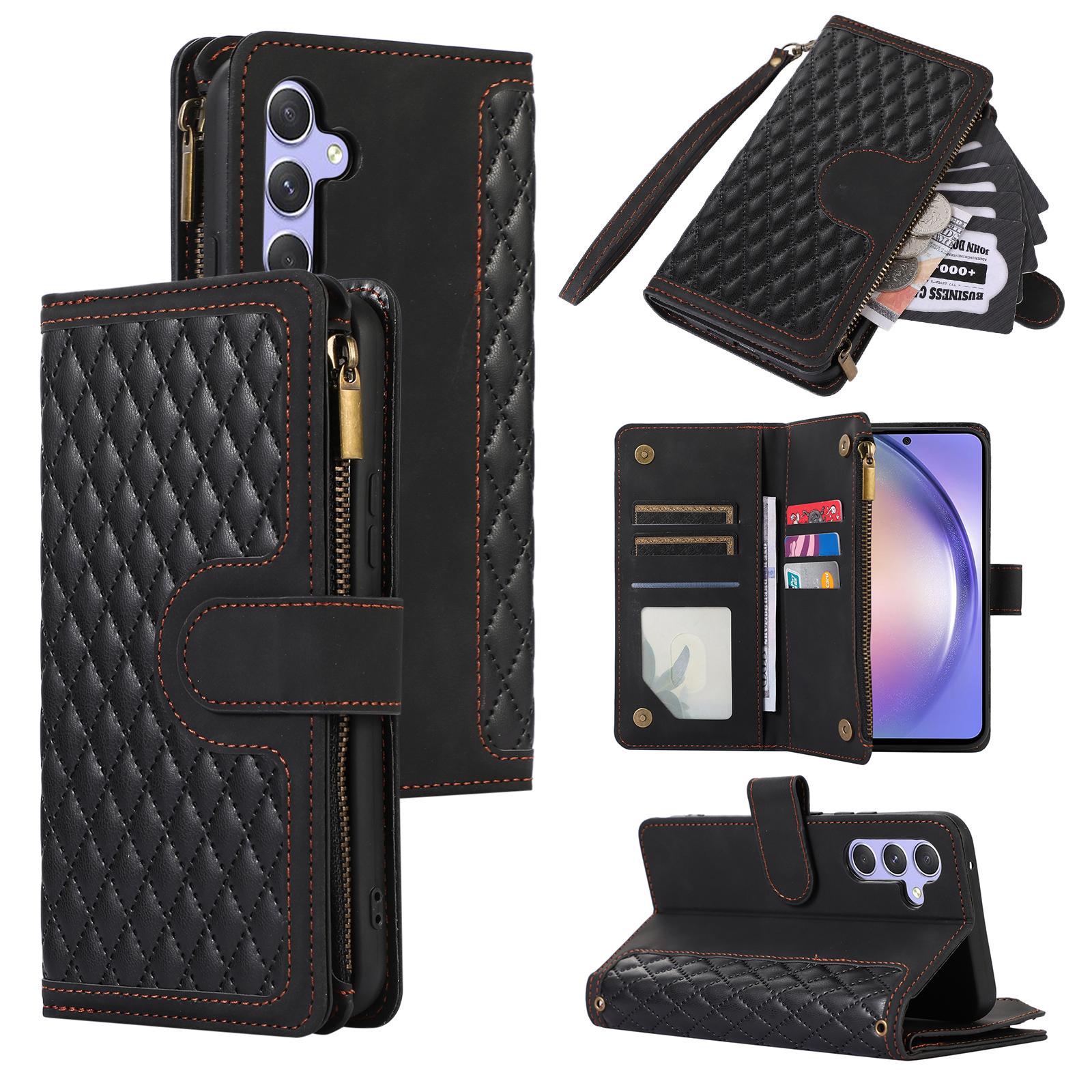 

For Samsung Galaxy A56 5G Case 9 Card Slots Rhombus Design Leather Phone Cover with Wrist Strap Black