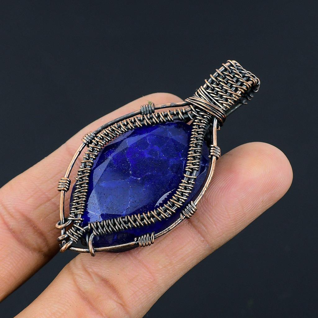 Blue Sapphire Pendant, Handmade Gemstone Pendant, 999 Copper Wire Wrapped Pendant Antique Jewelry, For Engagement Gift