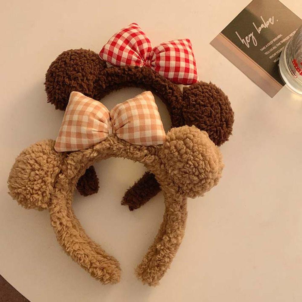 

Плюшевая повязка на голову с решеткой и бантом, клетчатые повязки для волос с мультяшными ушками, обруч для волос с милыми медвежьими ушками для женщин/девочек
